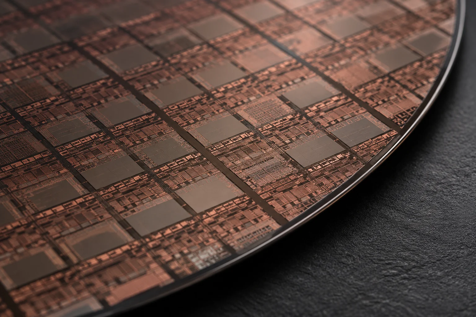 Macro view of a silicon wafer and its copper interconnects
