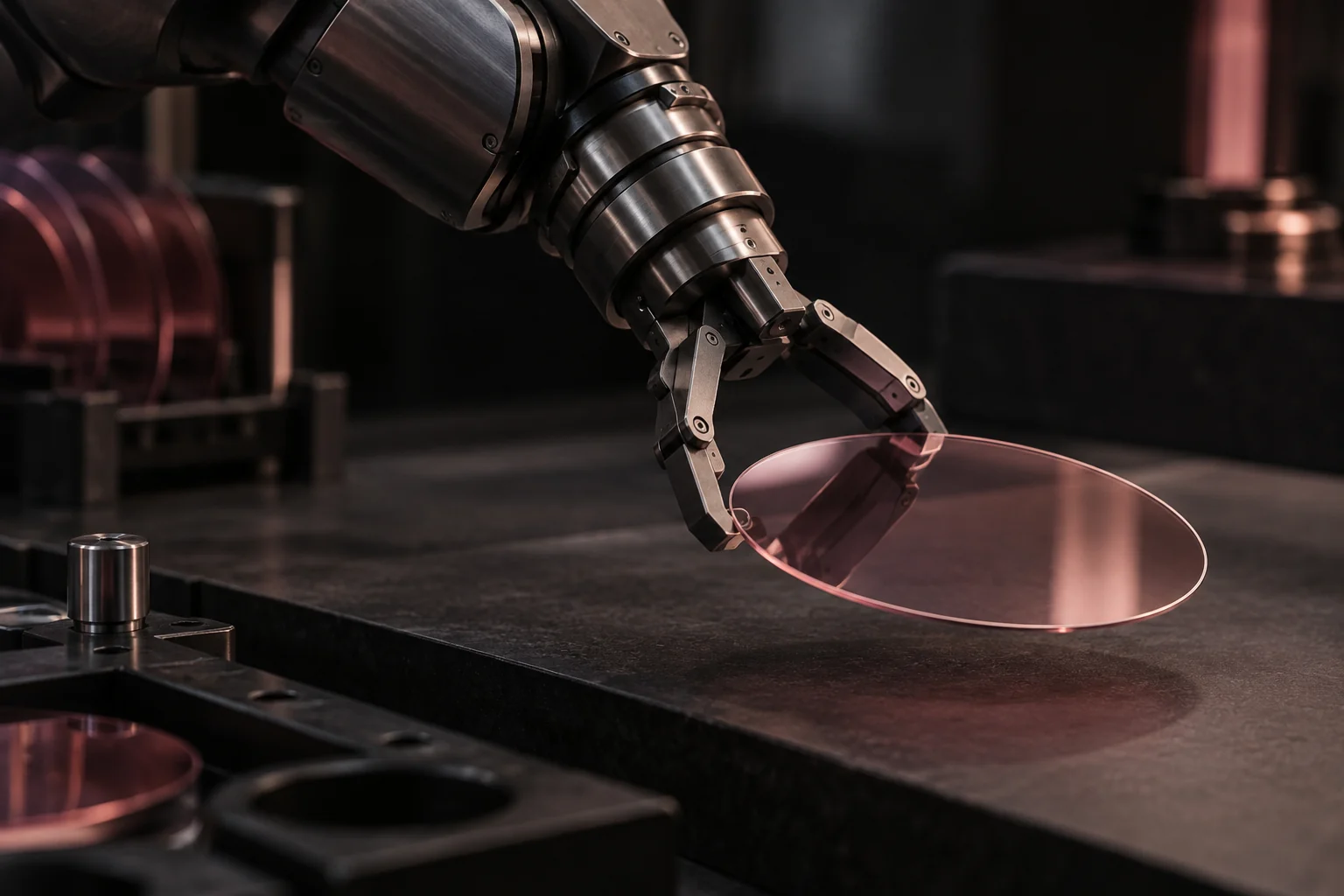 Graphite robotic gripper handling a thin rose wafer