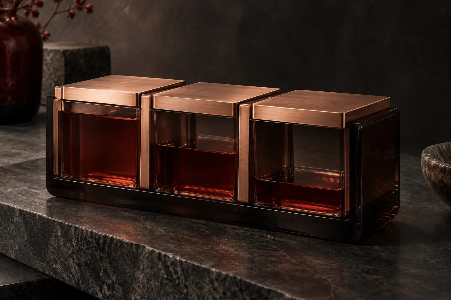 Three glass reserve compartments holding different levels of liquid